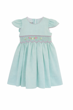 Load image into Gallery viewer, Mint Green Smocked Baby Dress – hand embroidered Classic Piqué Cotton with Side hair Bow