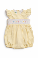 Load image into Gallery viewer, Yellow Baby girl Smocked romper. Hand embroidered with Hair Bow