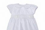 Load image into Gallery viewer, White Smocked Baby Dress Set – 3-Piece with Bloomers & Lace Headband