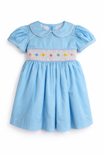 Load image into Gallery viewer, Sky Blue Smocked Baby Dress – Classic Peter Pan Collar Style with Bow