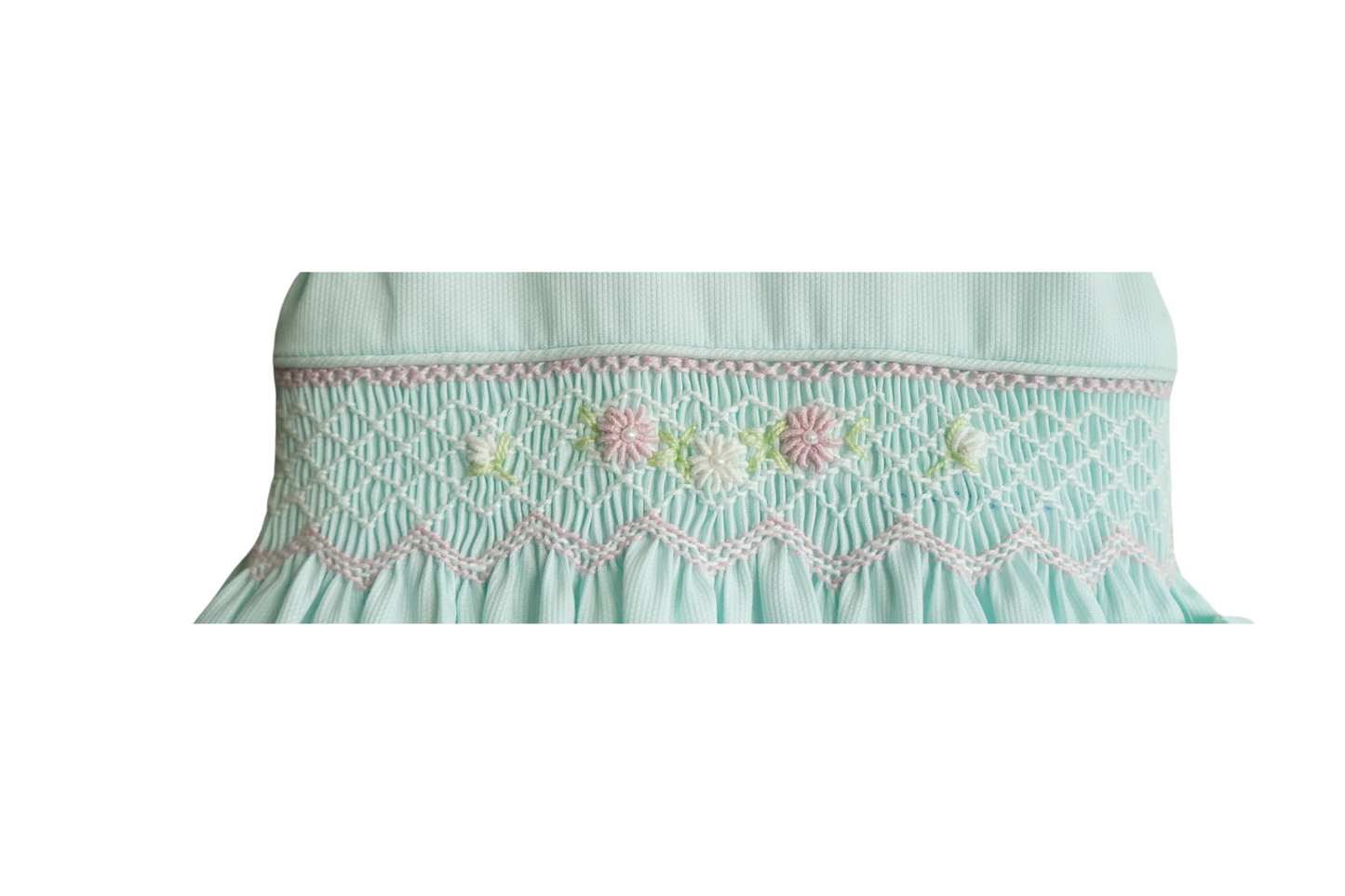 Mint Green Smocked Hand embroidered Baby Dress – Classic Piqué Elegance with Side hair Bow