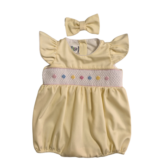 Pastel Smocked Hand embroidered Baby Romper – Yellow Flutter Sleeve with Hair Bow