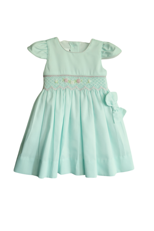 Mint Green Smocked Hand embroidered Baby Dress – Classic Piqué Elegance with Side hair Bow
