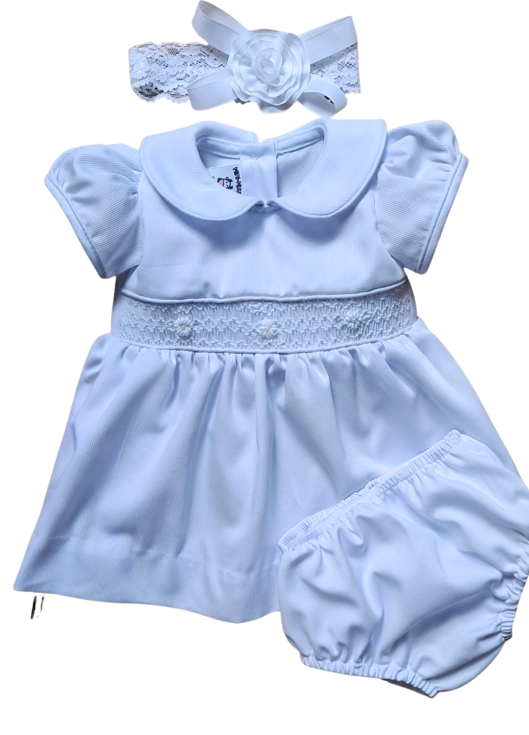 White Smocked Baby Dress Set – 3-Piece with Bloomers & Lace Headband