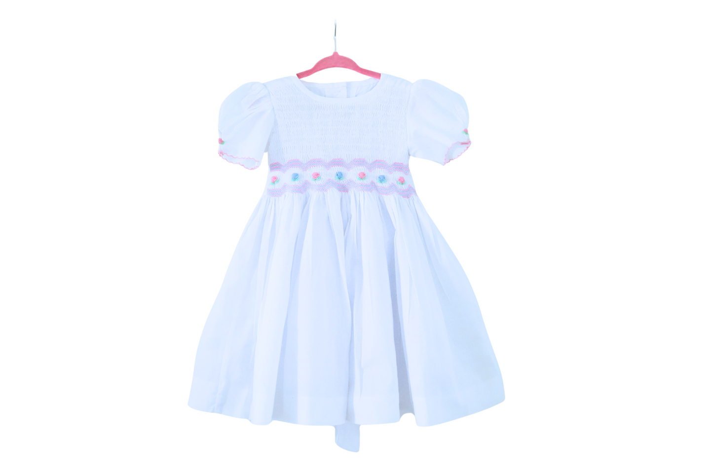 "White Linen Smocked little girl Toddler Dress with Floral hand Embroidery – Puff Sleeve Heirloom Outfit" Size: 2T