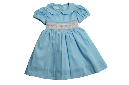 Sky Blue Smocked Baby Dress – Classic Peter Pan Collar Style with Bow