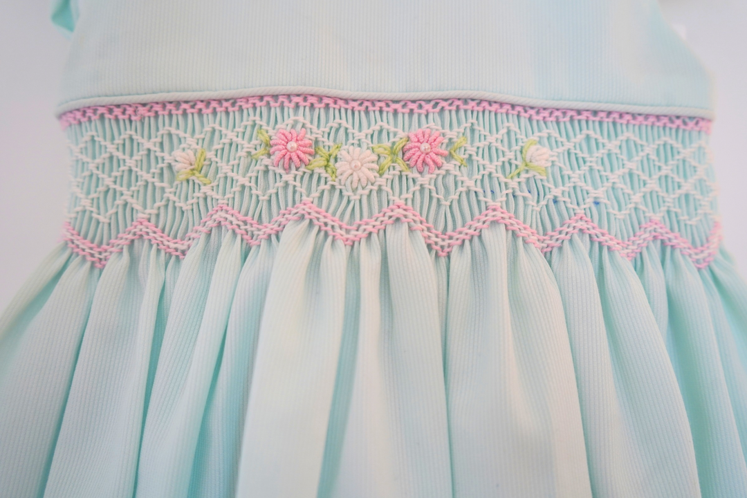 Mint Green Smocked Baby Dress – hand embroidered Classic Piqué Cotton with Side hair Bow