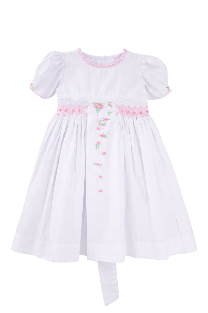 White Hand-Smocked Toddler Dress with Pink Embroidery – Boutique Girl Outfit