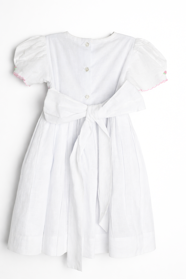 White Linen Smocked little girl Toddler Dress with Floral hand Embroidery – Puff Sleeve Heirloom Outfit" Size: 2T