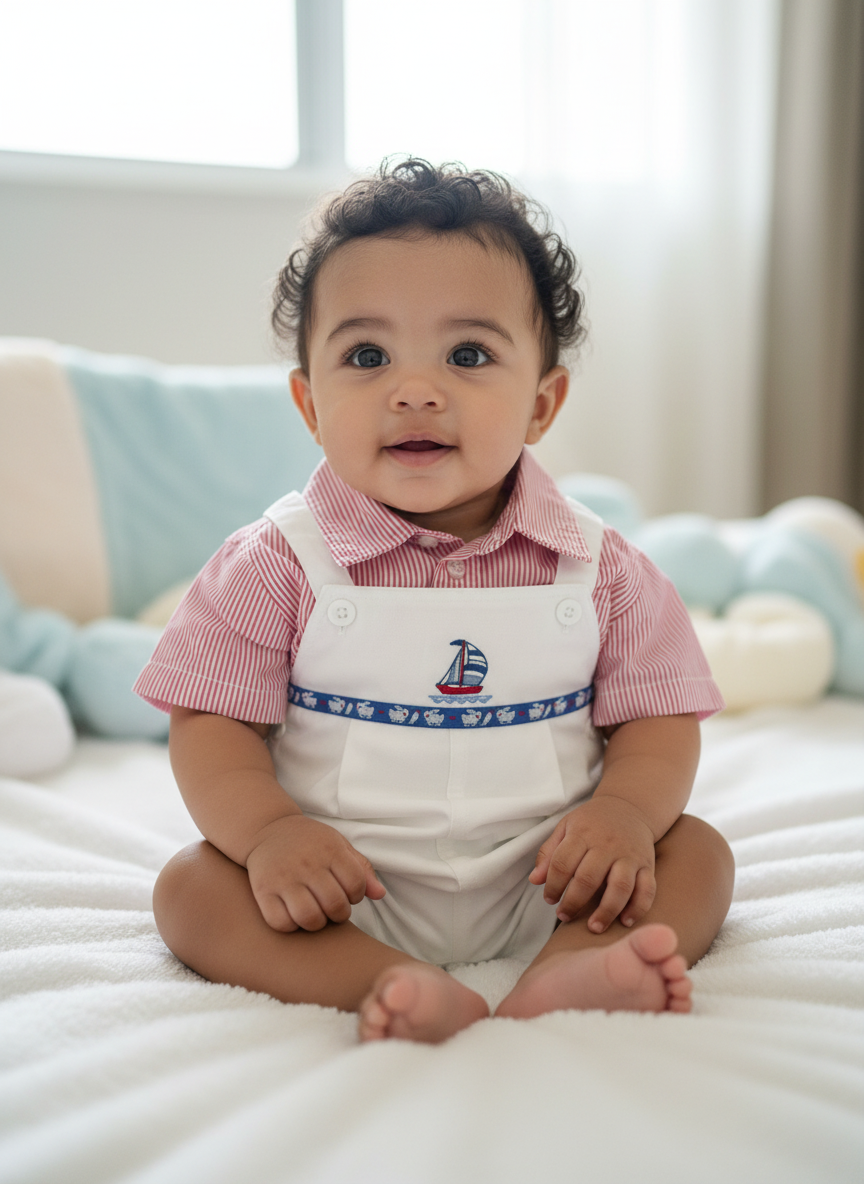 Baby Boy Valentine Outfit – Red Striped Shirt & White Sailboat Romper