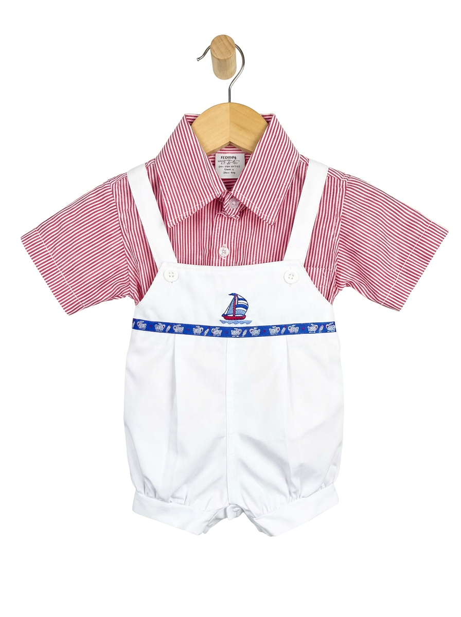 Baby Boy Valentine Outfit – Red Striped Shirt & White Sailboat Romper