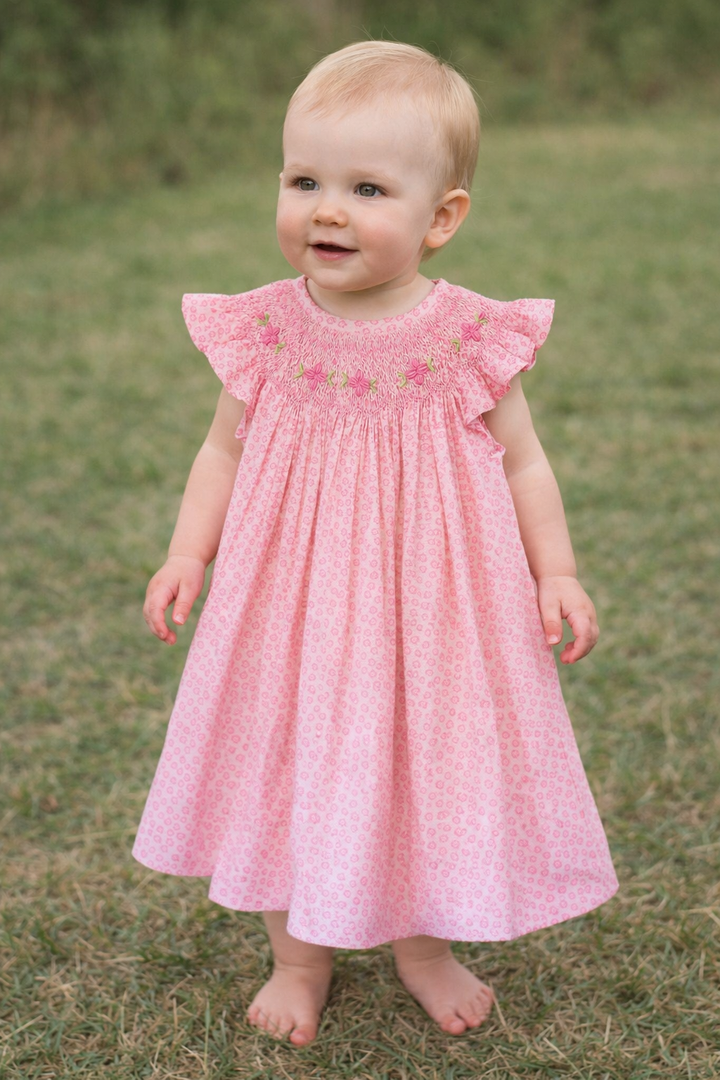 Girls Pink Smocked Dress – Handmade Floral Baby Outfit, Spring outfit