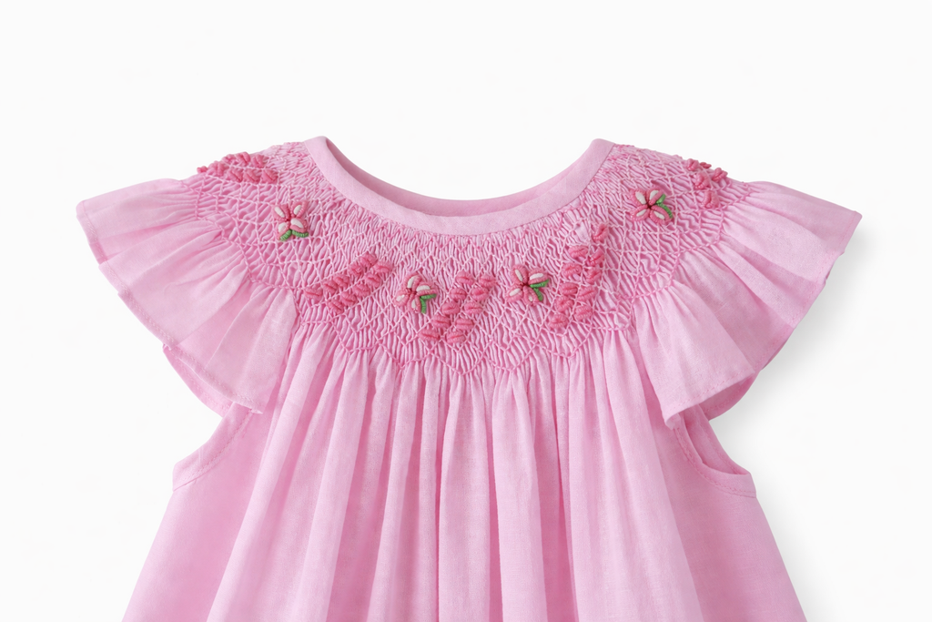 Pink Hand-Embroidered Smocked Dress for Toddlers Linen fabric | Bishop Style