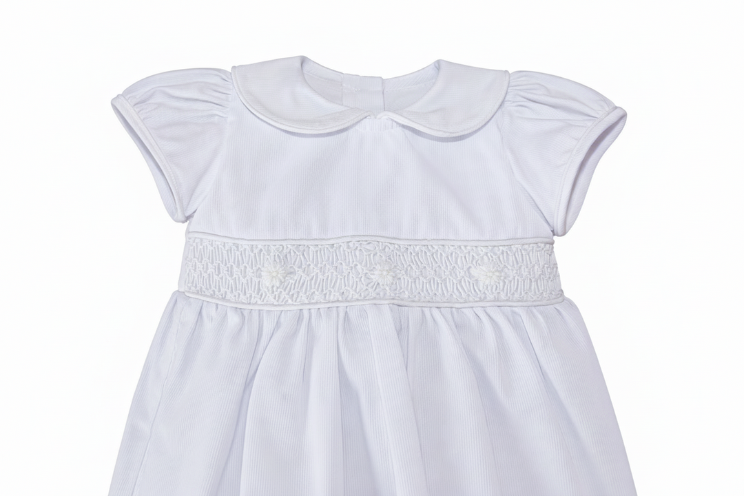 White Smocked Baby Dress Set – 3-Piece with Bloomers & Lace Headband