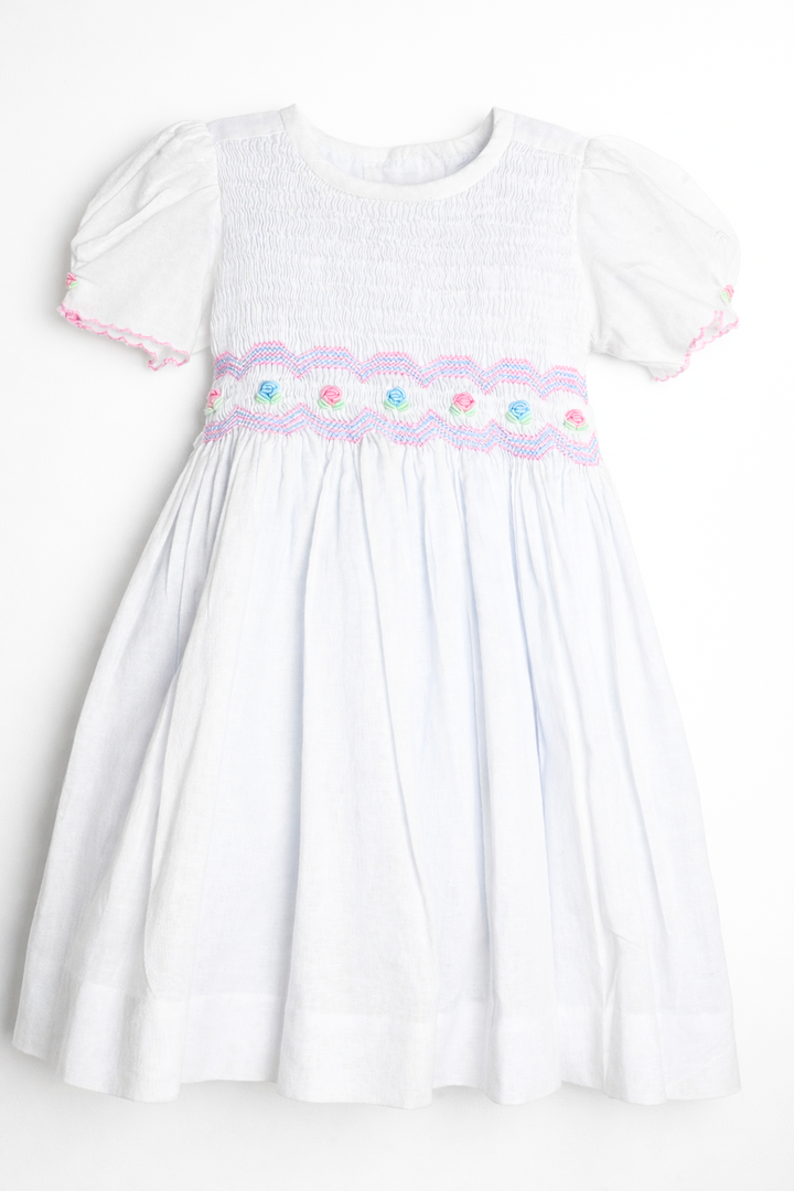 White Linen Smocked little girl Toddler Dress with Floral hand Embroidery – Puff Sleeve Heirloom Outfit" Size: 2T