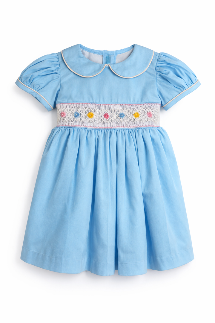 Sky Blue Smocked Baby Dress – Classic Peter Pan Collar Style with Bow