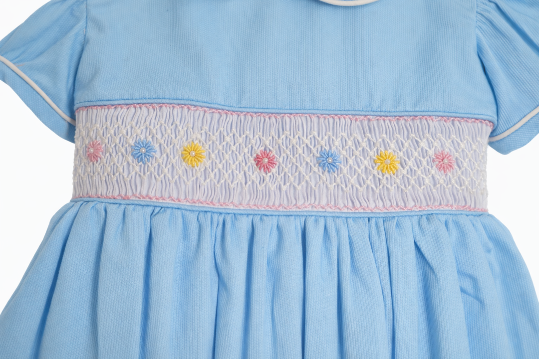 Sky Blue Smocked Baby Dress – Classic Peter Pan Collar Style with Bow
