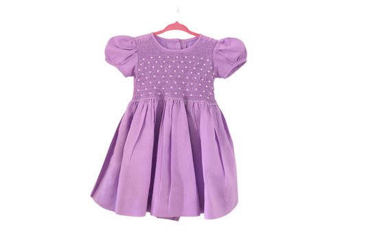 Lavender Hand embroidered-Smocked Dress, Linen dress💜 SIZE 12-24 M