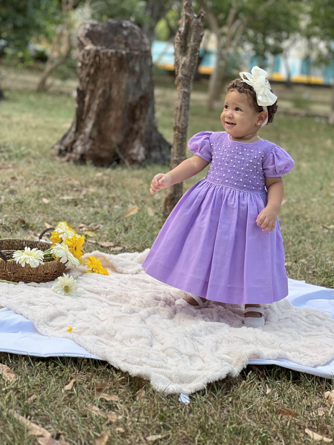 Lavender Hand embroidered-Smocked Dress, Linen dress💜 SIZE 12-24 M