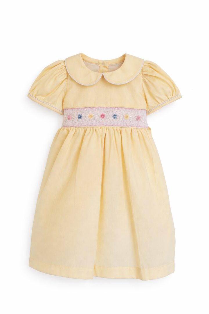 Yellow Smocked and hand embroidered Baby Girl Dress with Bow