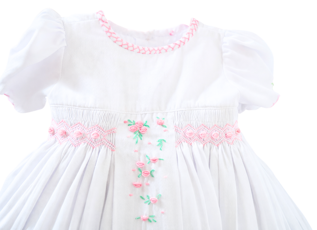 White Hand-Smocked Toddler Dress with Pink Embroidery – Boutique Girl Outfit